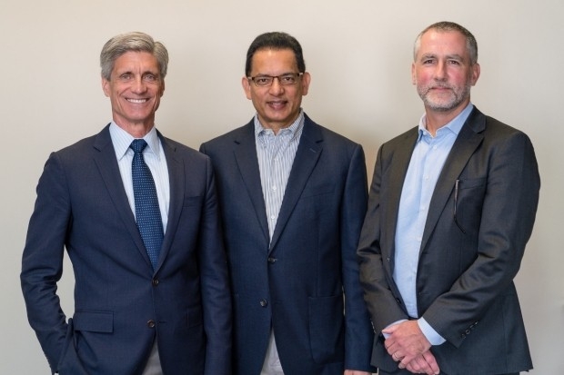 Frank Longo, chair of neurology and neurological sciences; Asad Jamal, founder and chairman of ePlanet Capital; and Michael Greicius, the inaugural holder of the Iqbal Farrukh and Asad Jamal Professorship. Photo by Paul Keitz