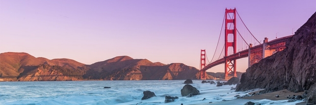 Golden Gate Bridge, Mount Tamalpais, and the San Francisco Bay at sunset