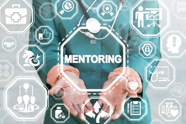 Mentoring Medical Motivation Coaching Healthcare Success Career concept. Contemporary Hospital Work. Doctor offers mentoring text icon on a virtual interface.