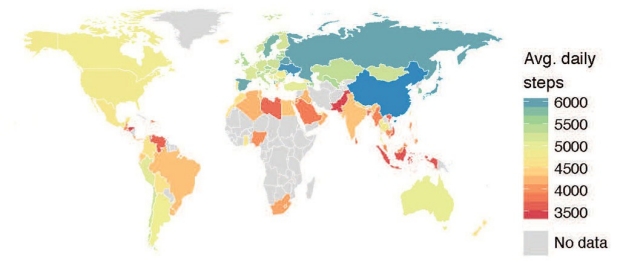 World map showing number of steps taken by people in various countries