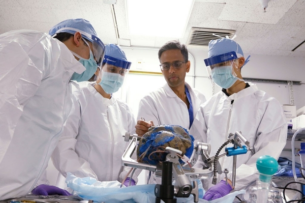 Four surgeons practicing in the neuroanatomy lab