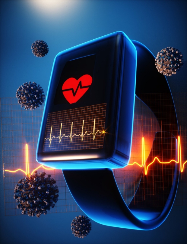 illustration smartwatch, coronavirus and electrocardiogram waves