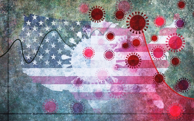 illustration of coronavirus particles and United States