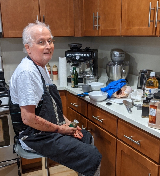 double-transplant patient in kitchen